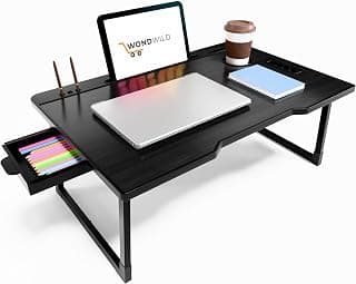 WONDWILD Smart Multipurpose Foldable Laptop Table with Cup Holder, Study Table, Bed Table, Breakfast Table, Foldable and Portable/Ergonomic & Rounded Edges/Non-Slip Legs (ABS Black)