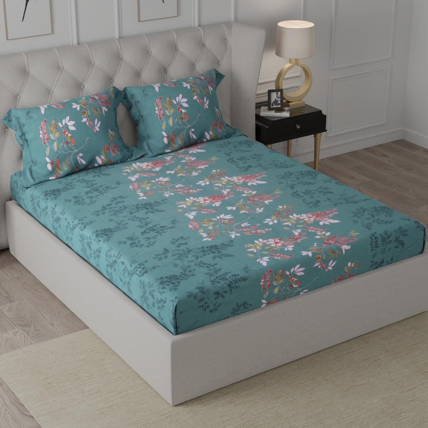 Cloth Fusion Cotton Feel Elastic Fitted Bedsheet King Size, 2 Pillow Covers | Glace cotton 186 TC, 78 x 72 inches, fits up to 8 inch mattress, soft, breathable, wrinkle-resistant, machine wash, teal