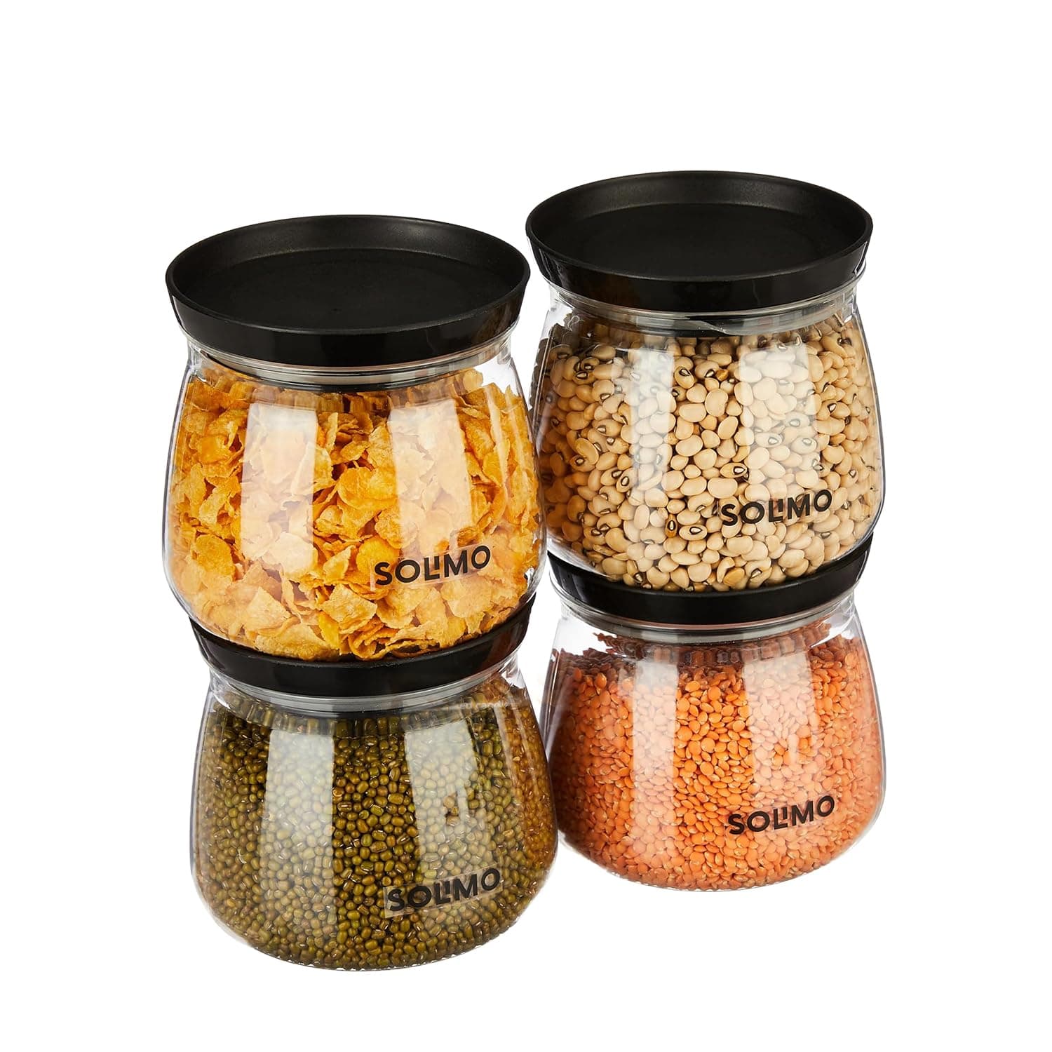 Amazon Solimo Plastic Storage Jar and Container Set I Air Tight & BPA Free Containers for Kitchen Storage Set I Grocery Kitchen Container Set I Multipurpose Jar | 800 Ml Each | Set 4 | Black