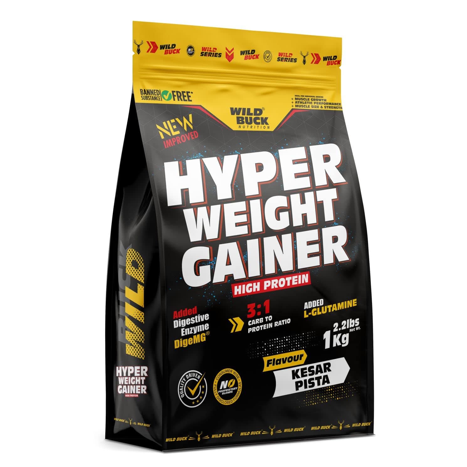 WILD BUCK Hyper Weight Gainer, High Protein Muscle Mass & Weight Gainer with L-Glutamine & Digestive Enzymes | Post-Workout Protein Powder for Muscle Gain | Whey Protein + Muscle Builder Weight Gainer's Protein Powder for Men & Women [Kesar Pista, 1 Kg / 2.2 lb]