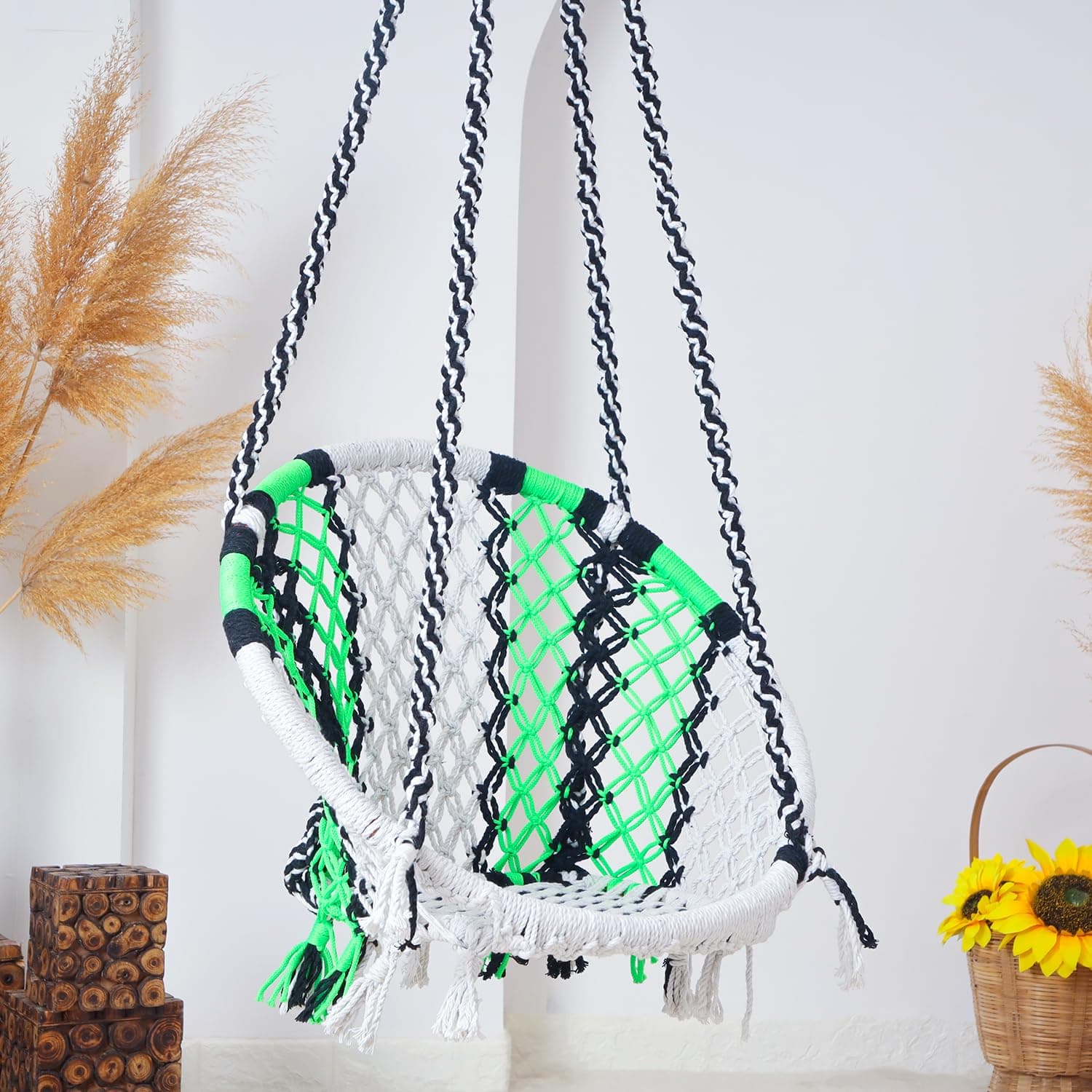 JULJULIA Hammock Swing Hanging Chair uyyala jula for Adult Kids Indoor Outdoor Balcony Sturdy Cotton Rope Swing Chair for Indoor, Outdoor, Bedroom - White-Green(Pack of 1)