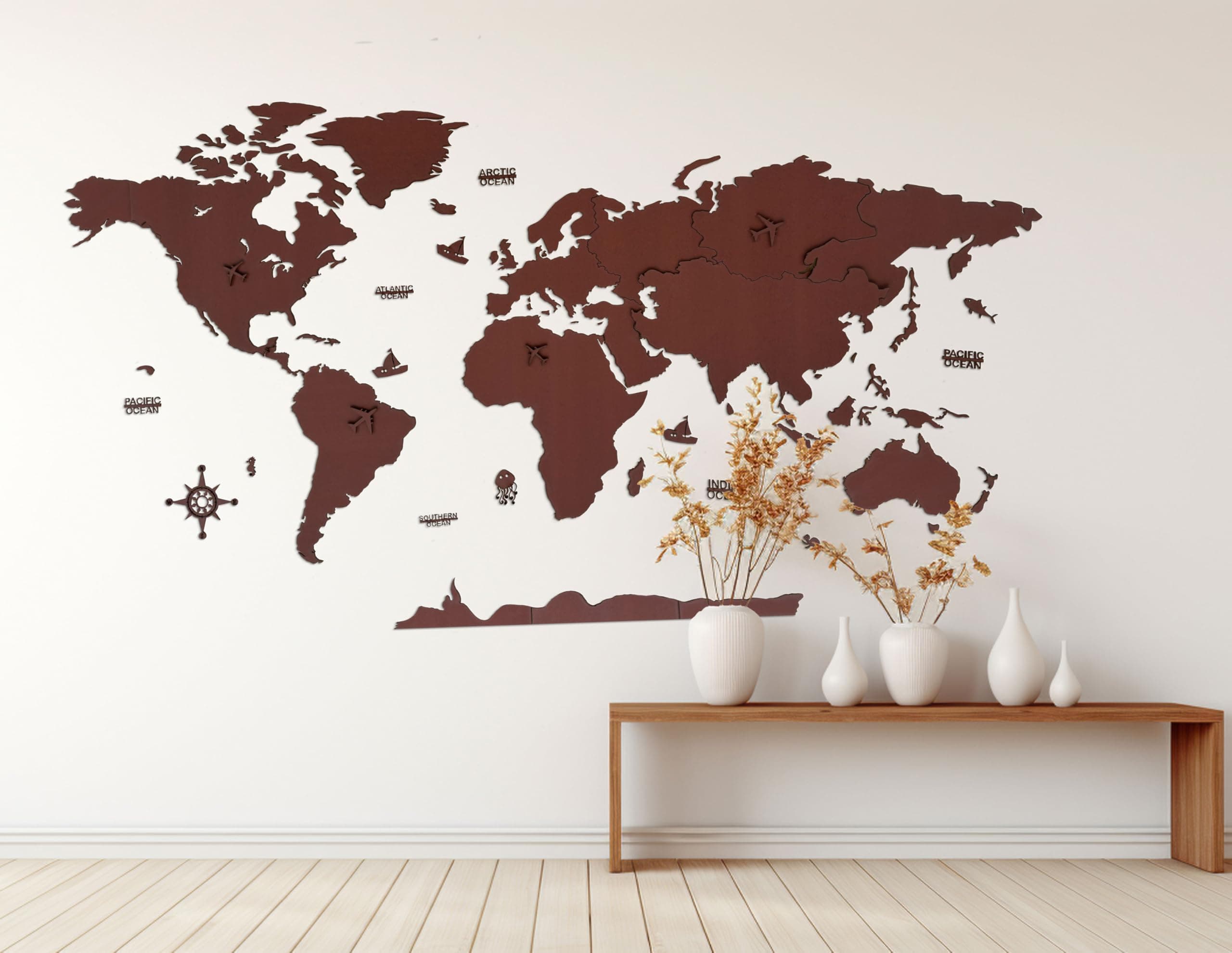 Elk Wooden 3D World map Wall Décor Brown Colour - Perfect Home and Office Wall Decor for Travel Enthusiasts - Art decoration for Living Room, Bedroom, Staircase, Working Space | Size:XXL (255x145CM)