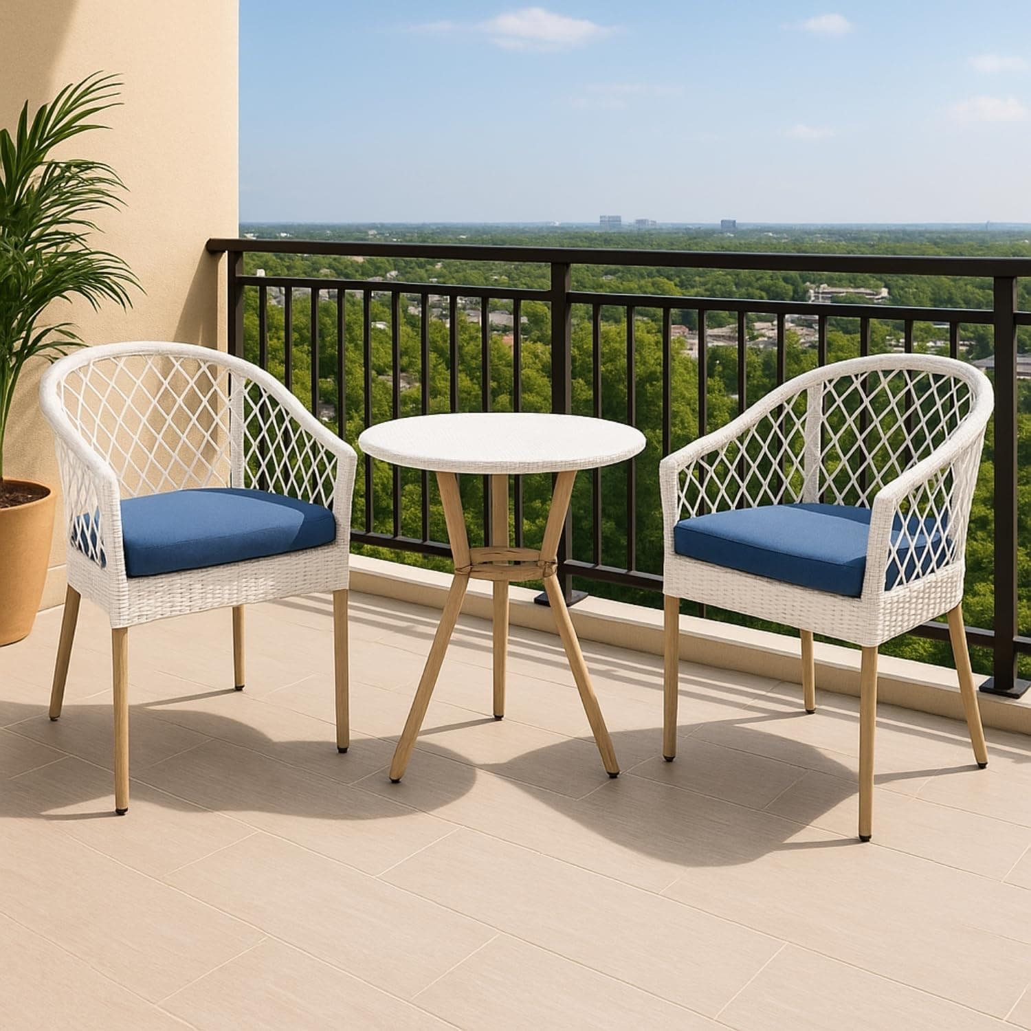 DEVOKO 3 Piece White Rattan Outdoor Patio Bistro Set with Blue Cushion & Wicker Top Table Ideal for Balcony, Garden, Deck, Lawn, Poolside