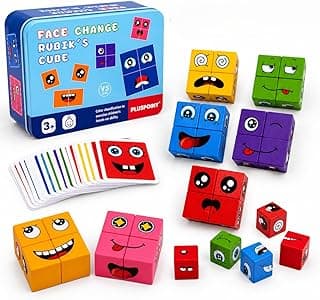PLUSPOINT Wooden Emoji Face Changing Cube Puzzle Game Expressions Matching Block Puzzles Building Logical Educational Training Toys 16 Face Blocks & 72 Playing Cards Birthday Gift for Kids Boys Girls