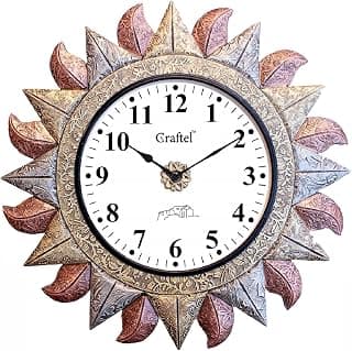 CRAFTEL Home Decor Wall Clock | Analog Round Sun Shape Design Wall Clocks with Glass | Antique Brass and Copper Metal Finish Diwar Ghadi | Decorative Hanging Clock for Living Room and Office, 45x45 cm