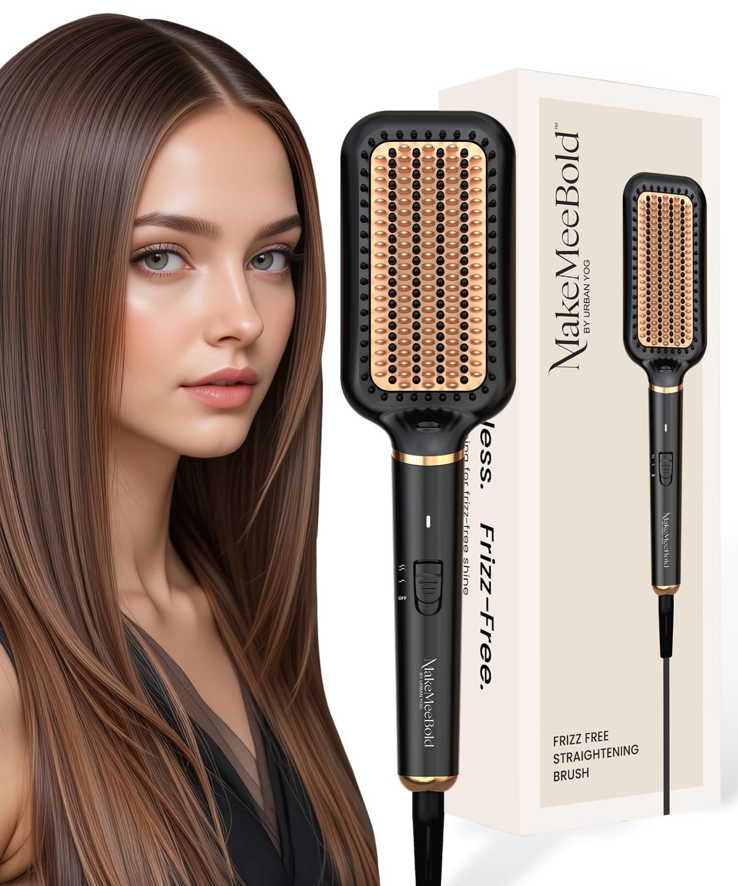 Makemeebold Hair Straightener for Women | Frizz Free Hair Straightening Brush | Ceramic Ionic Straightener Comb | PTC 30-Sec Heat-Up | 2 Heat Settings