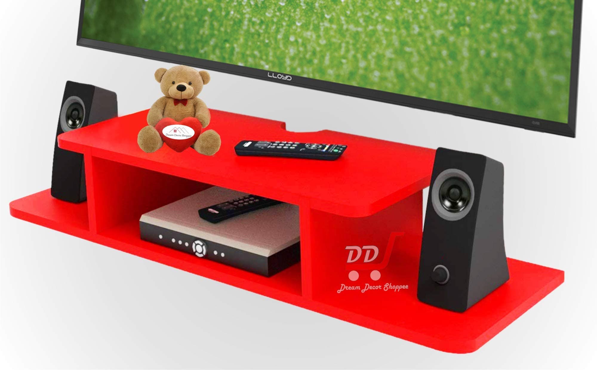 DDS Dream Decor Shoppee - Multipurpose Wooden Wall Shelf – Beauty at its Best - for Set Top Box, WiFi Modem, as Display Rack – Living Room, Bedroom, Kitchen, Office (Red)