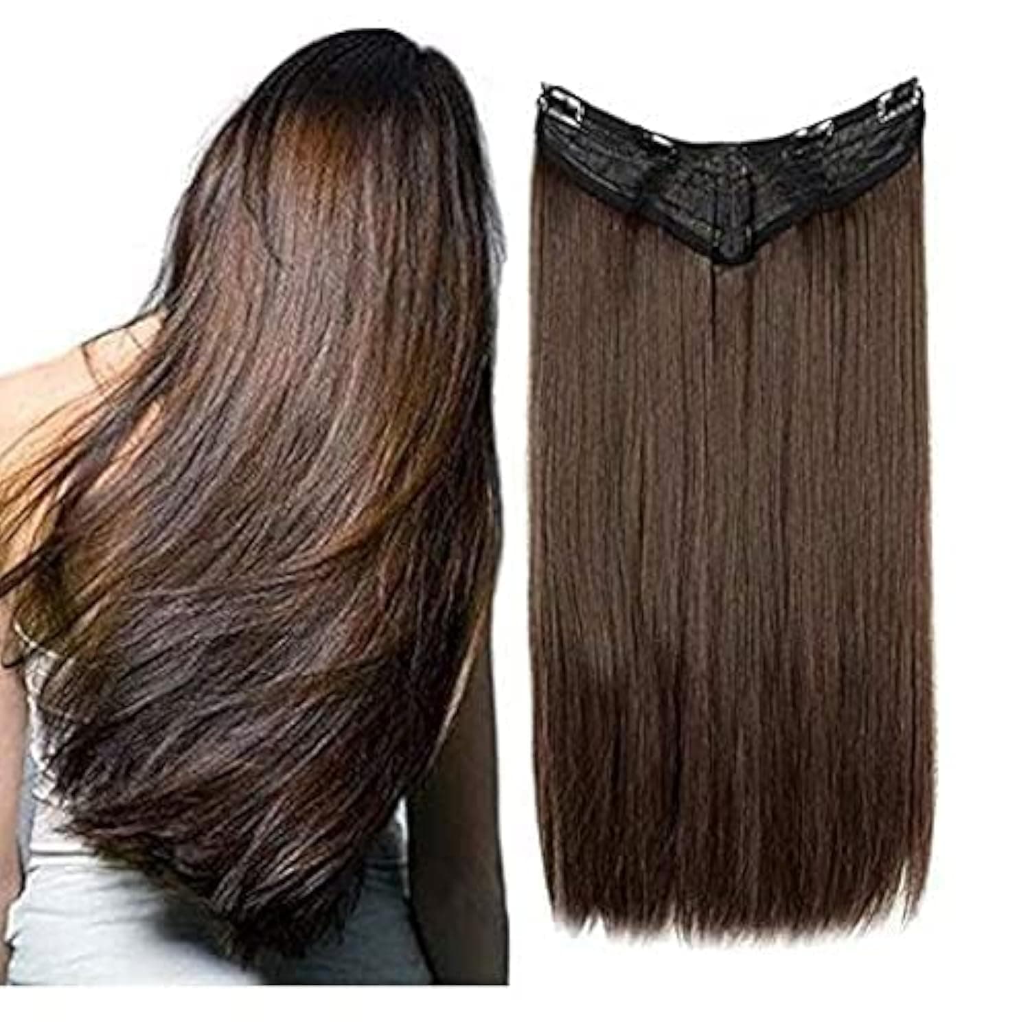 BeatStock,Women's Natural Brown Straight Hair Extensions in 24 inch,5 Clips Head in 1 Piece Increase Hair Length