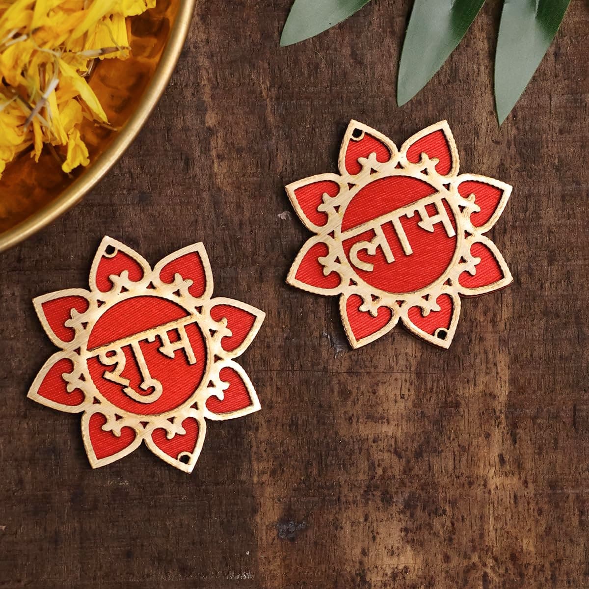 MDF Floral Shubh Labh Sticker for Vastu Home Decor & Festival Decoration | Spiritual Stickers for Wall Decor & Housewarming Gift | Decorative Items for Main Door Entrance & Pooja Room (1 Pair)