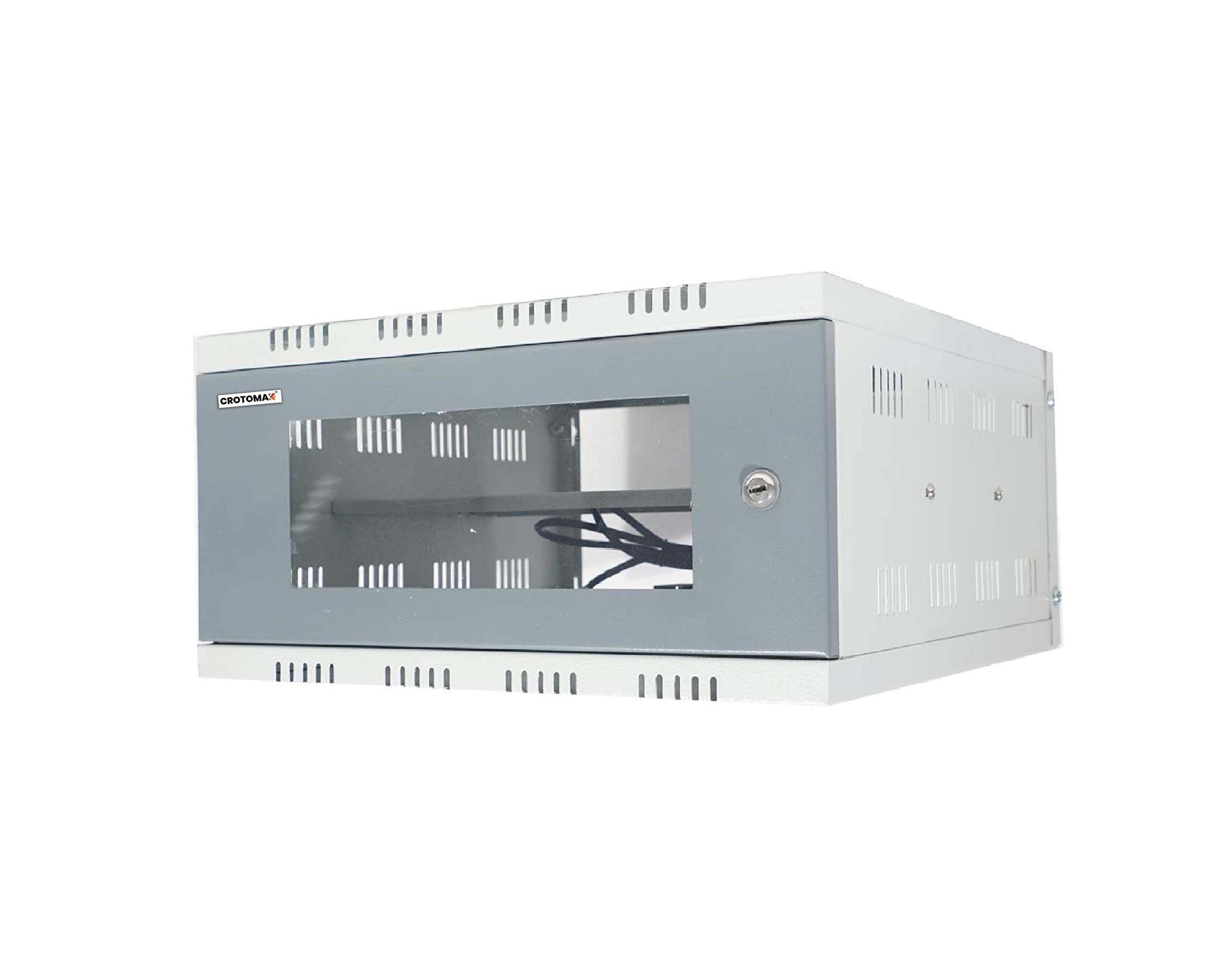 Crotomak 3U DVR/CCTV/NVR/Server/Network Rack - Wall Mount With Transparent Glass Door - Metal Cabinet Box - 1 Tier Shelf - 3 Power Plug Socket (40cm X 40cm X 20cm, Grey)