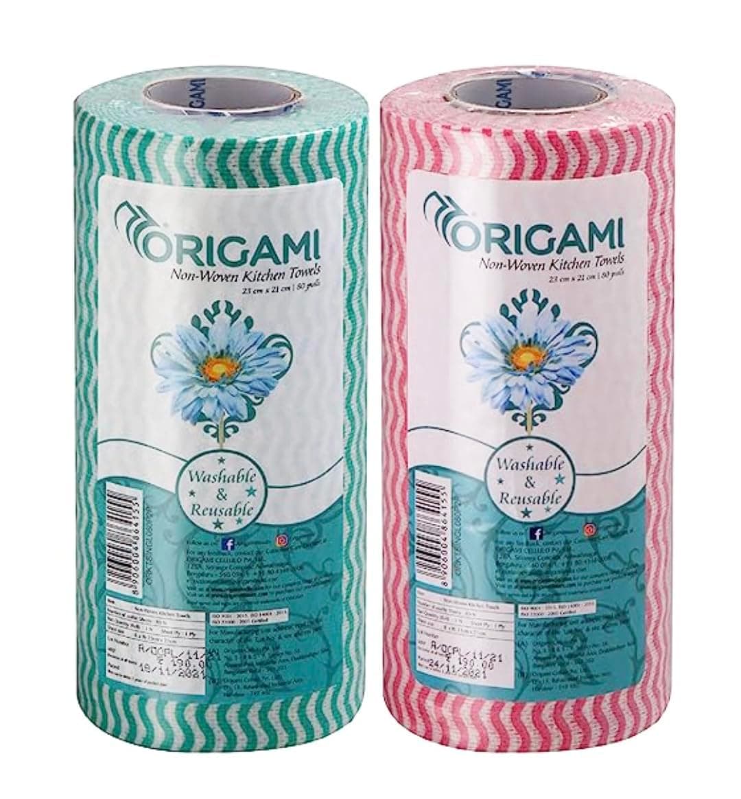 Origami Non Woven Reusable & Washable Kitchen Towel Roll | Ultra Absorbent, Antimicrobial & Anti Odour for Spotless Cleaning | Quick Dry Multi Purpose Tissues 160 Sheets