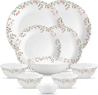 La Opala Opal Glass Crockery | for Family of 2 | Dinner Set 10 pcs Spring Meadows | Plates & Bowls for Dining | Microwave Safe | 100% Vegetarian | Extra Strong | Extra Light & White