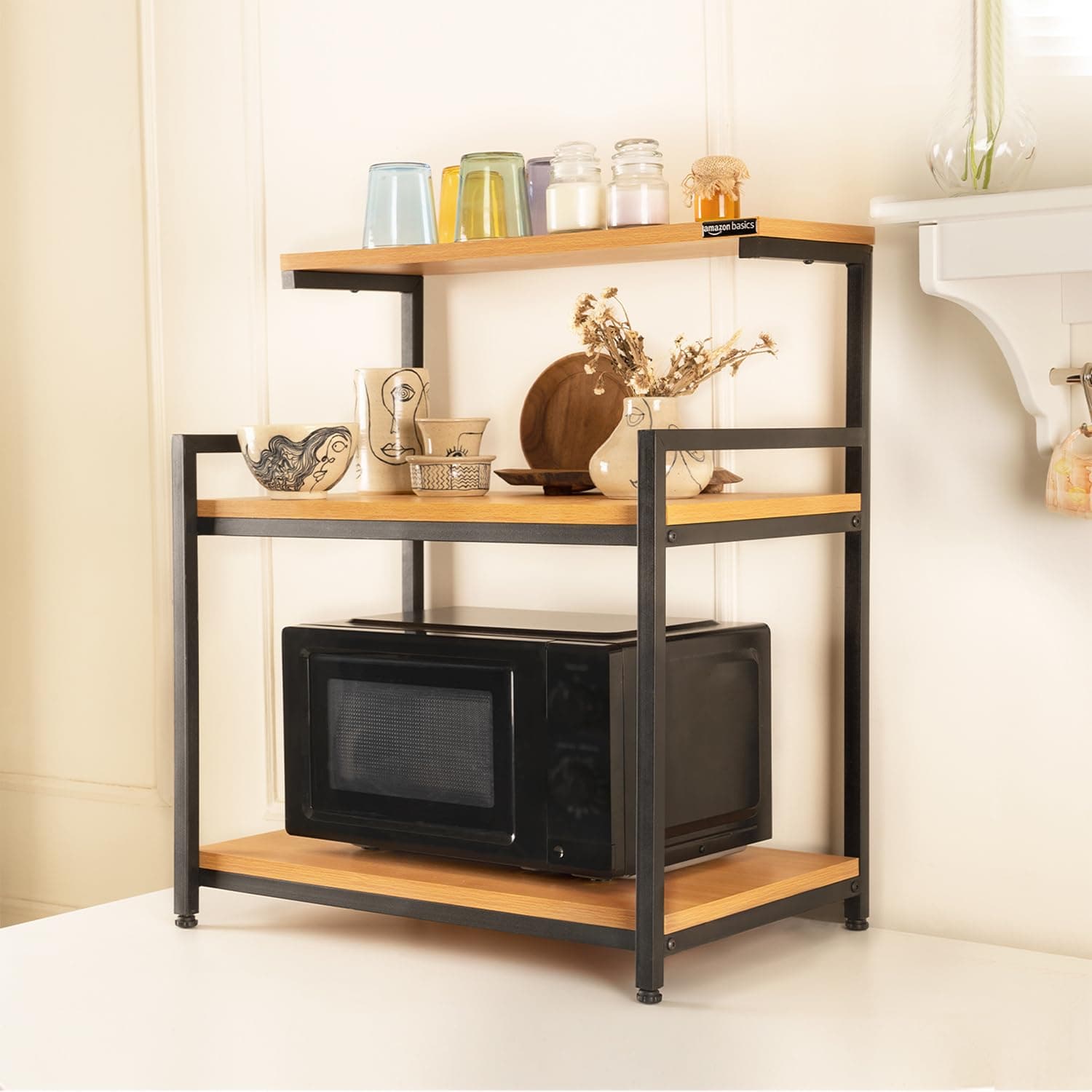 amazon basics Engineered Wood Multi-Purpose Rack for Microwave, OTG, Oven, Floor Mount, Tiered Shelf| Kitchen Organizer (Brown) | 40D x 60W x 70.6H cm