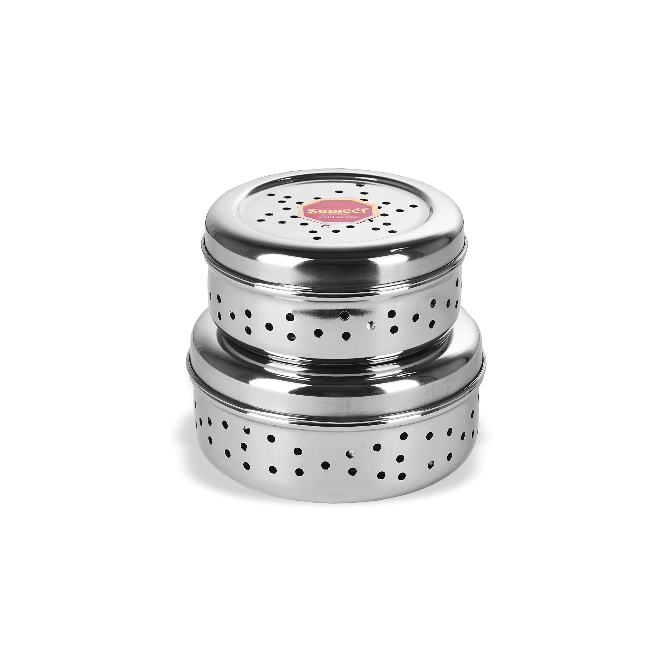 Sumeet Stainless Steel Hole Puri Dabbas/Sprout Maker/Flat Canisters With Air Ventilation Size No.7-11 Cm Dia & No. 8-12.5 Cm Dia, Blue-Violet