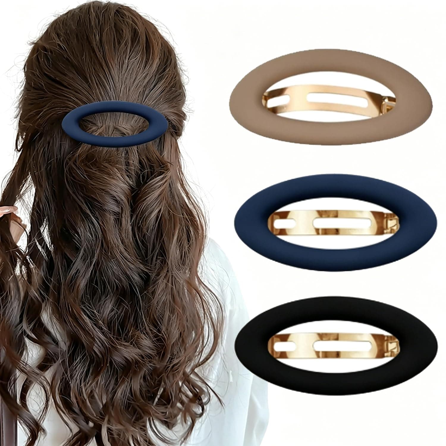 Melodio 3Pcs Matte Ellipse Clips, Thick Hair Automatic Large Barrettes, French Vintage Set for Women Girls Hair Accessories