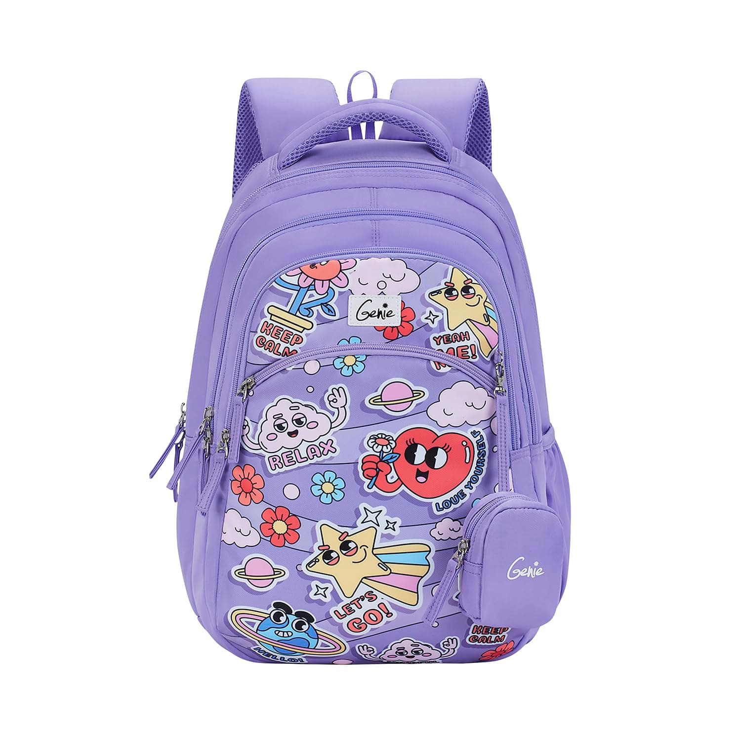 Genie Pearl School Backpack for Girls |17 In-27 Ltr with Three Compartments, Side Pockets and Light Weight with Padded Shoulders |Best for Books,Stationery, Lunch Box & Essentials - Purple