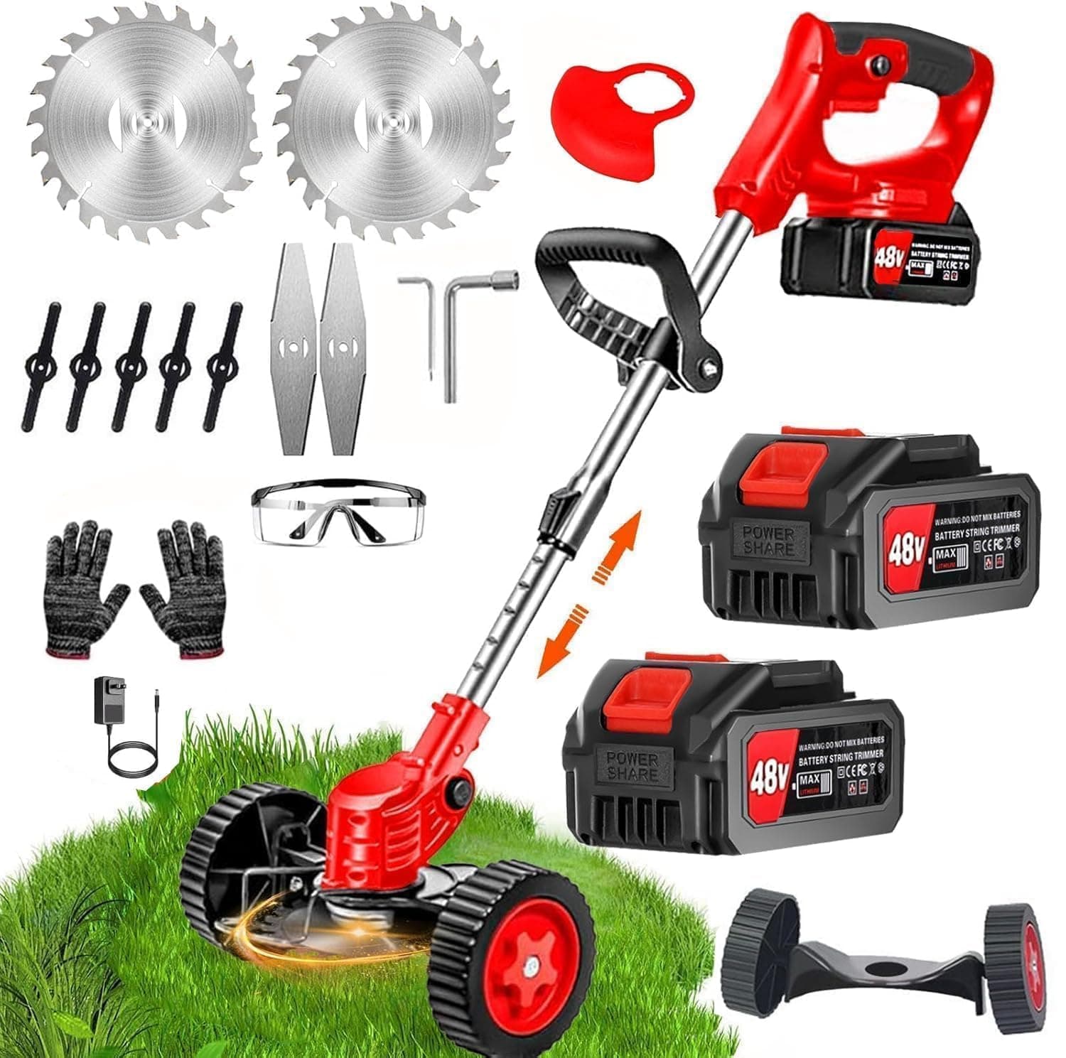 Electric Wireless Rechargeable Edge Cutter 48V - 25cm Cutting Width | 2-in-1 Mower & Trimmer | Adjustable Height | 3 Blade Types | Lightweight & Portable | Lawns & Gardens (1Red-Old)