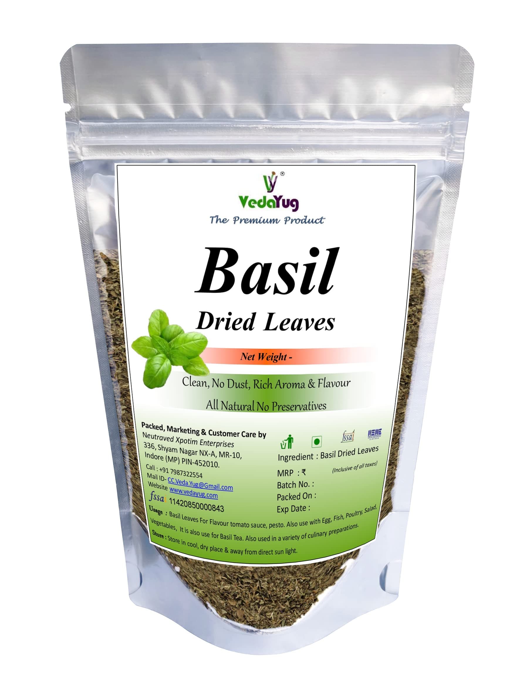 Vy VedaYug Sweet Basil Leaves, 140g (Pack of 2 x 70g)