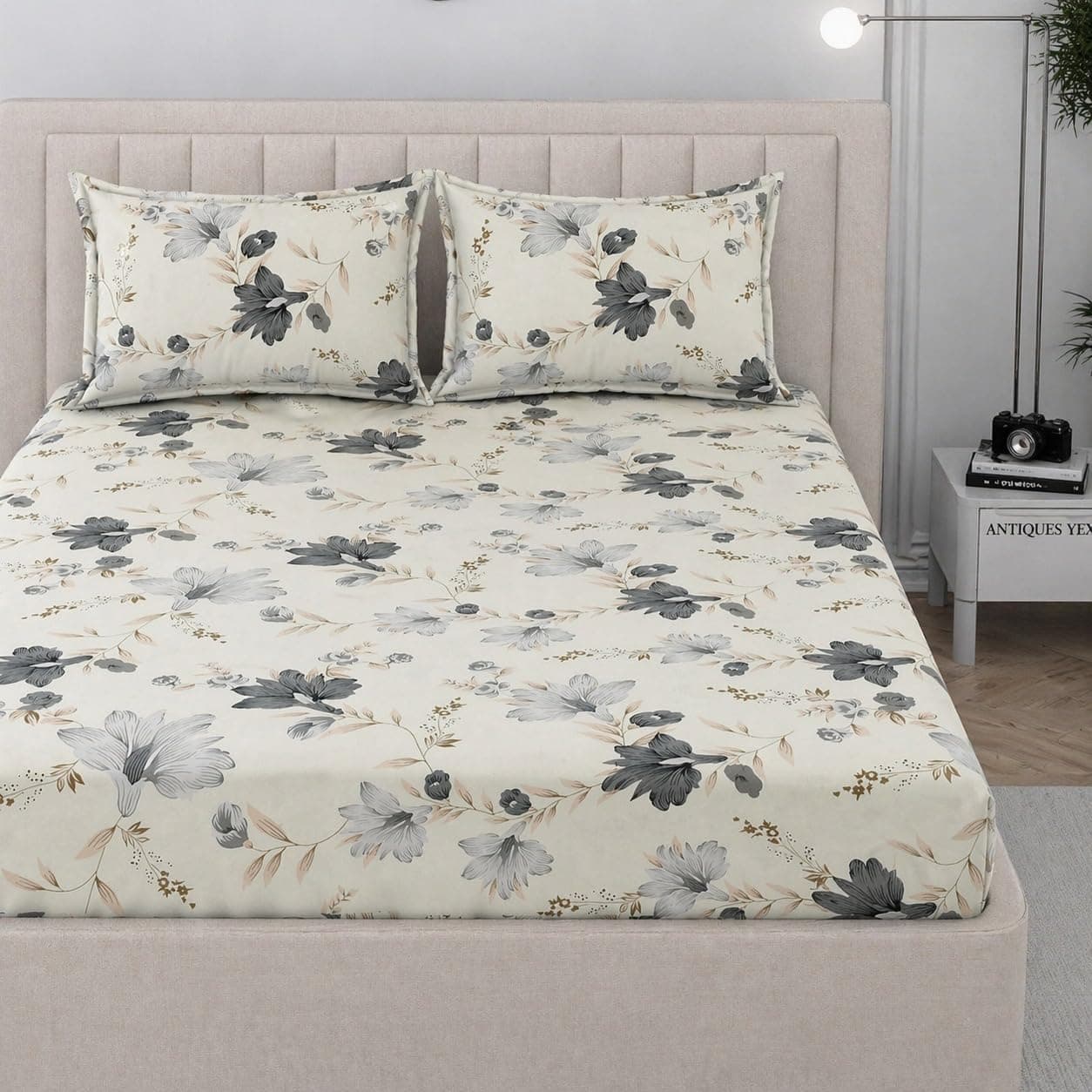 VASHEK 380 TC Premium Glace Cotton Elastic Fitted Bedsheet King Size with 2 Pillow Covers King Size | Double Bed with All Around Elastic (WhiteBOSS, Fitted - 72"x78" King)