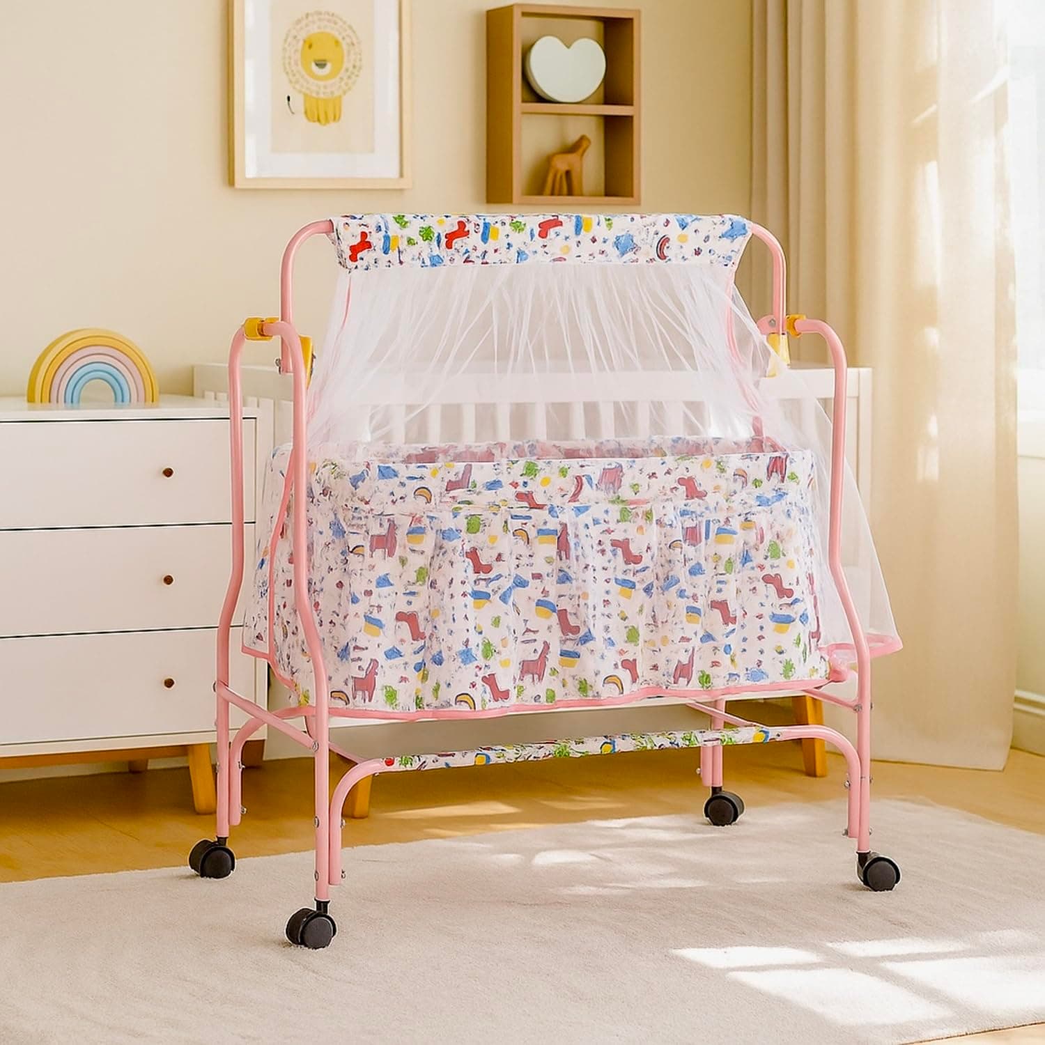 Amazon Brand - Supples Baby Cradle with Swing & Mosquito Net | 0–8 Months | Swing Lock | 4 Wheels with Brake | Soft & Comfortable for Baby Sleep | Sturdy Mild Steel Frame | Pink