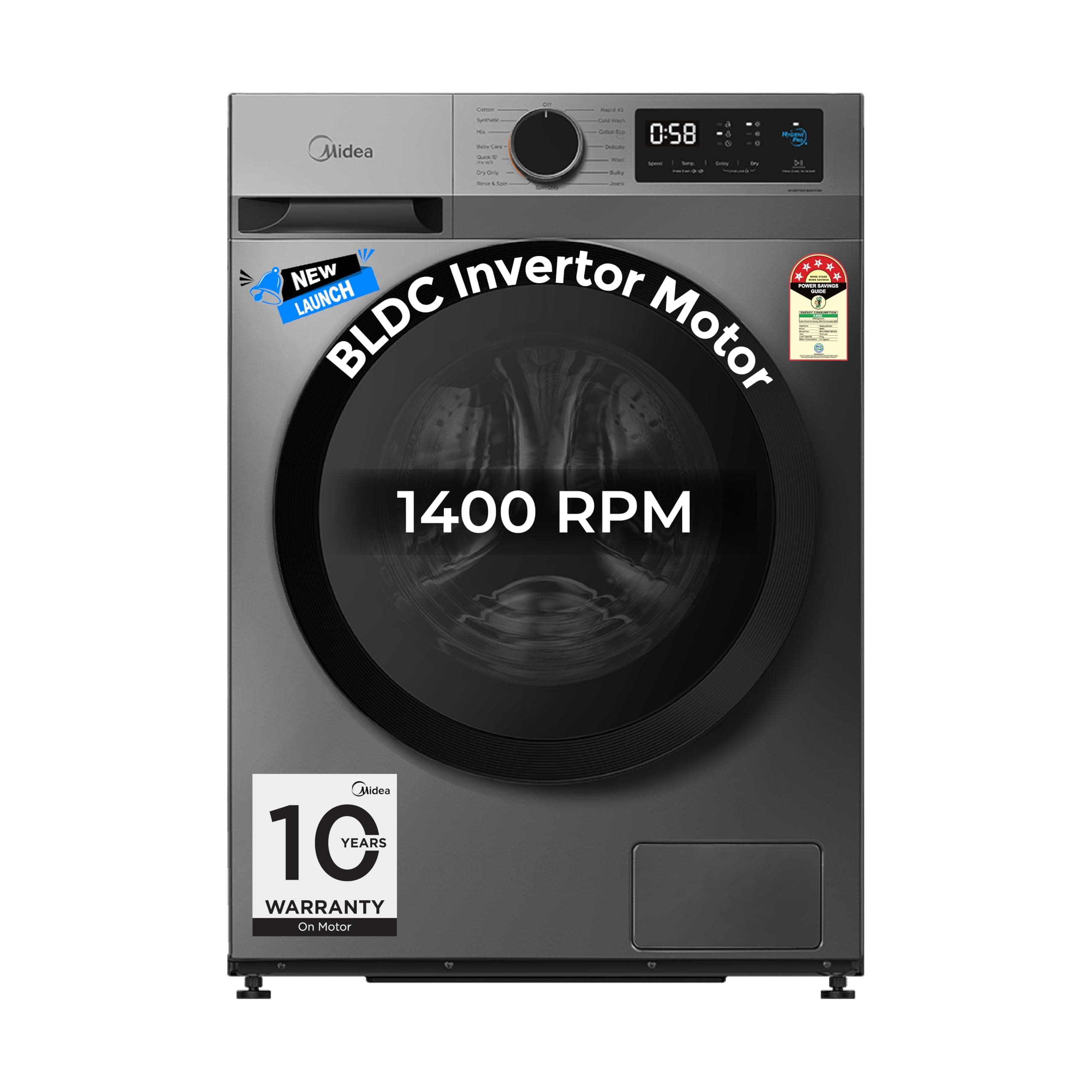 Midea 9 Kg Fully Automatic Front Load Washing Machine, Titanium Grey | 5 Star, Self Clean Drum Technology, Inverter Motor, 15 Wash Programs, MFG17W90B/T-IND