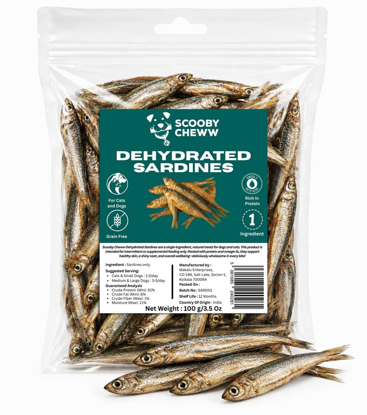Scooby Cheww Dehydrated Sardines for Dogs & Cats | 100% Natural Single Ingredient Fish Treats | High Protein & Omega-3 Rich Crunchy Snack for Healthy Skin, Shiny Coat, Joint Support