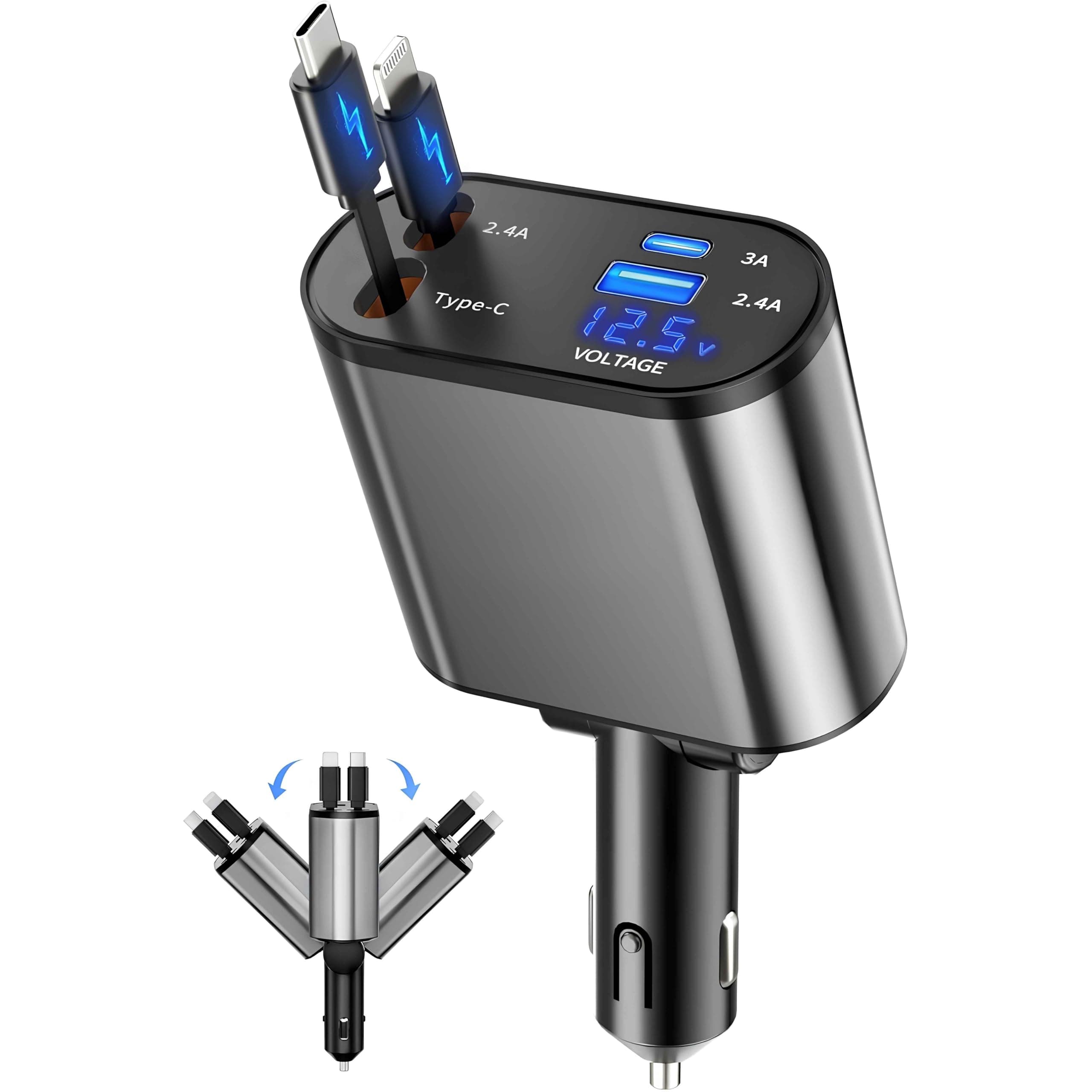 VCHOICE 120W Retractable 4-in-1 Fast Car Charger (2026 New Version) | Built-in Type-C & Lightning Cables | Dual USB Car Mobile Charger | Compatible with iPhone 17 to 11, Samsung, Android & USB Devices