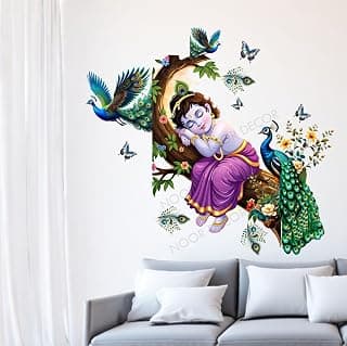 PVC Vinyl Tree and Flowers Peacock on Branch Leaves Sleeping Cute BAL Krishna Self-Adhesive Wall Sticker for Home Decor/Decoration - Living Room, Bedroom, (Multicolor, Size: 76X76 Cm)