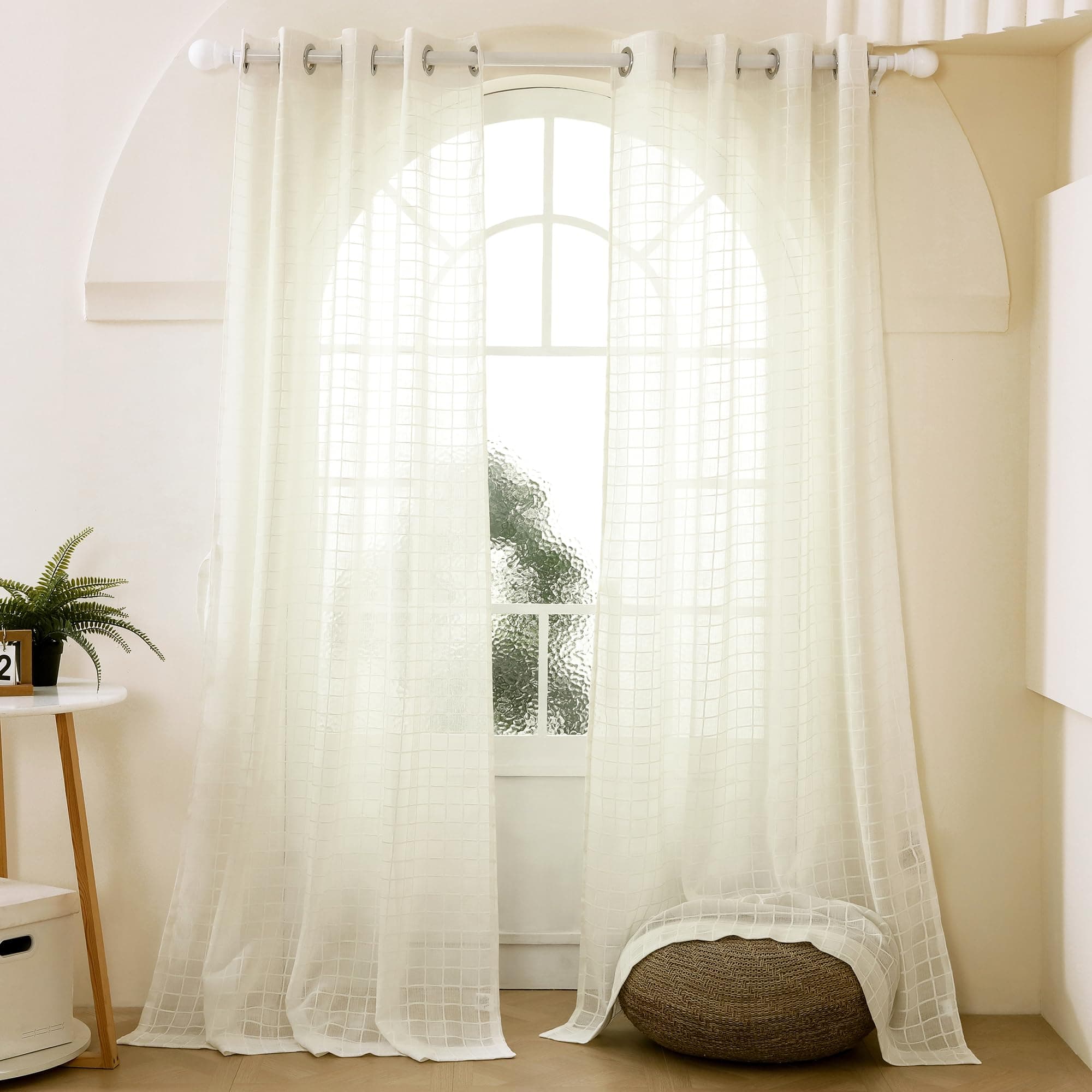 Story@Home Door Sheer Curtains 7 Feet Long Set of 2 | Checkered Print | Transparent Net Curtain | Curtains for Living Room | (118 X 215 Cm, Off White) | Elegant Airy Net Drapes for Home Decor