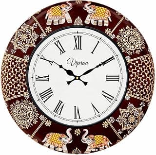 Hand-Painted Wooden Wall Clock 18 Inch – Multicolor Elephant Design | Silent Non-Ticking Round Decorative Wall Clock | Traditional Victorian Style Home for Living Room, Bedroom, Office & Gift