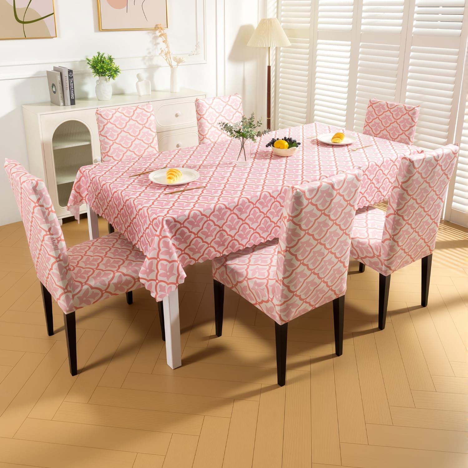 House of Quirk Dining Table Cover Waterproof with 6 Chair Covers for Kitchen Dining Table Cloth Dust and Oil Repellent (Peach Blush, 1 Table Cover + 6 Chair Cover)