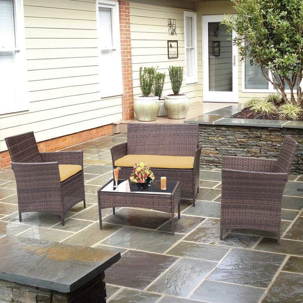 DEVOKO 4 Pieces Patio Furniture Sets, Rattan Wicker Chair, Outdoor Conversation Sets for Garden, Balcony Porch, Poolside with Glass Coffee Table(Dark Brown and Yellow)