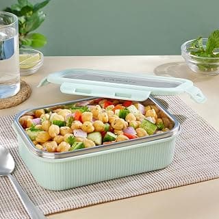 Larah by BOROSIL Freshbyte 600 ml Rectangle Food Storage Container with Airtight Stainless Steel Lid | Fridge Container for Lunchbox | Food Grade Steel | Microwave Safe | Green