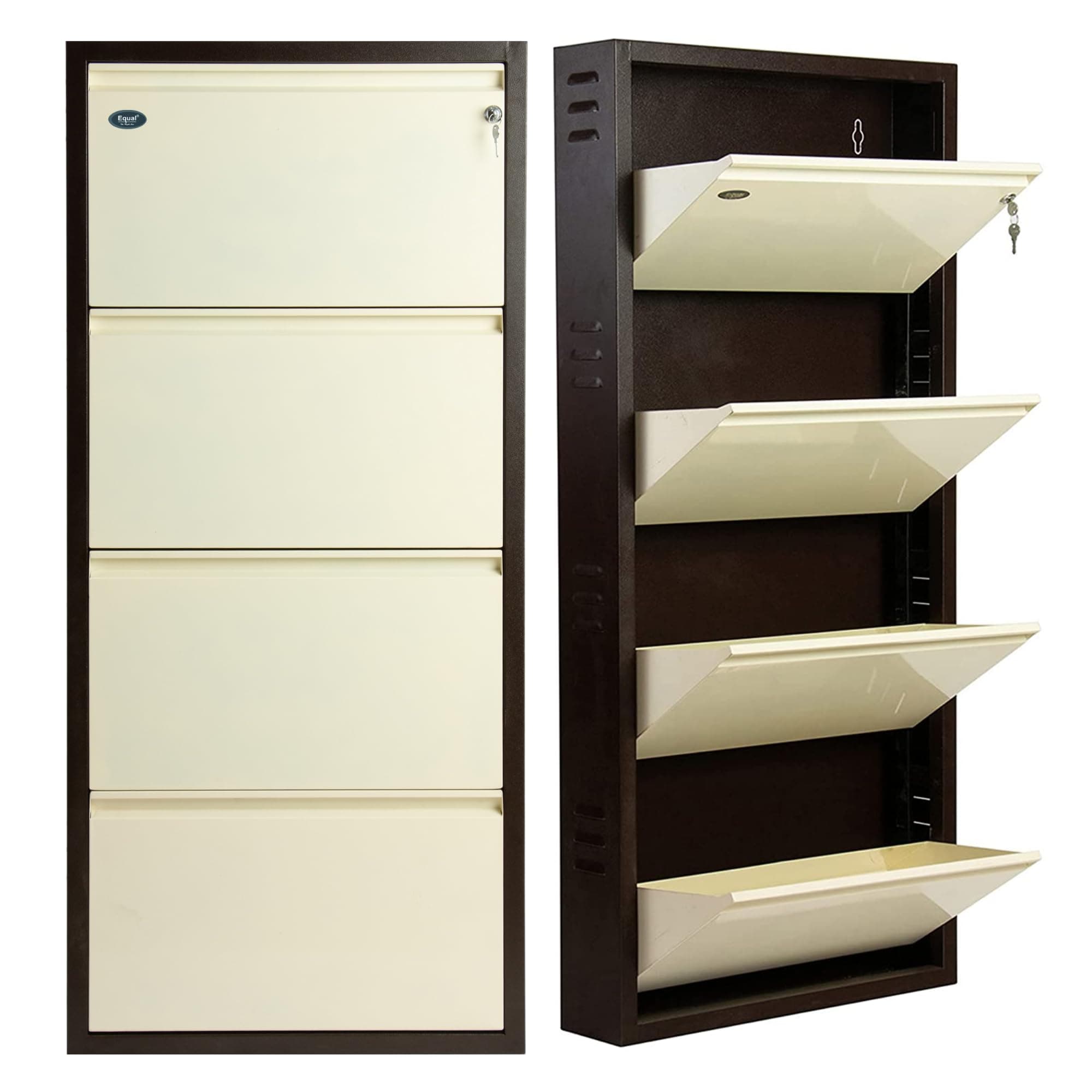 EQUAL 4 Door Metal Shoe Rack for Home | Wall Mounted Steel Shoe Cabinet | Holds 12-15 Pairs | Family Size | Safety Lock | Rust-Proof | 3-Year Warranty | White & Brown