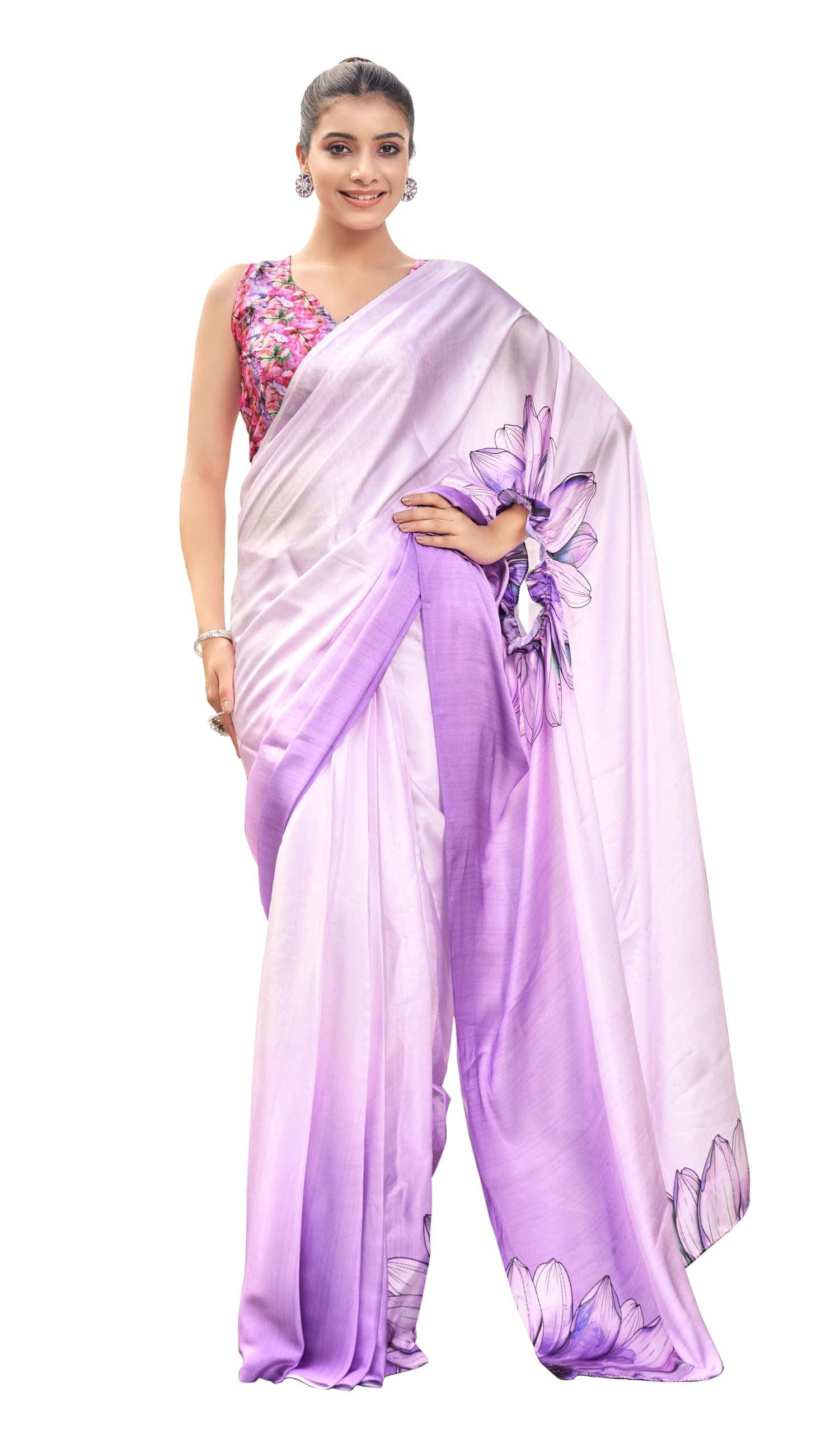 Shantvan Gallary Ready to Wear Saree for Women | Printed Georgette Satin Saree with Contrast Border & Free-hand Hole-in-Pallu | Includes Unstitched Blouse