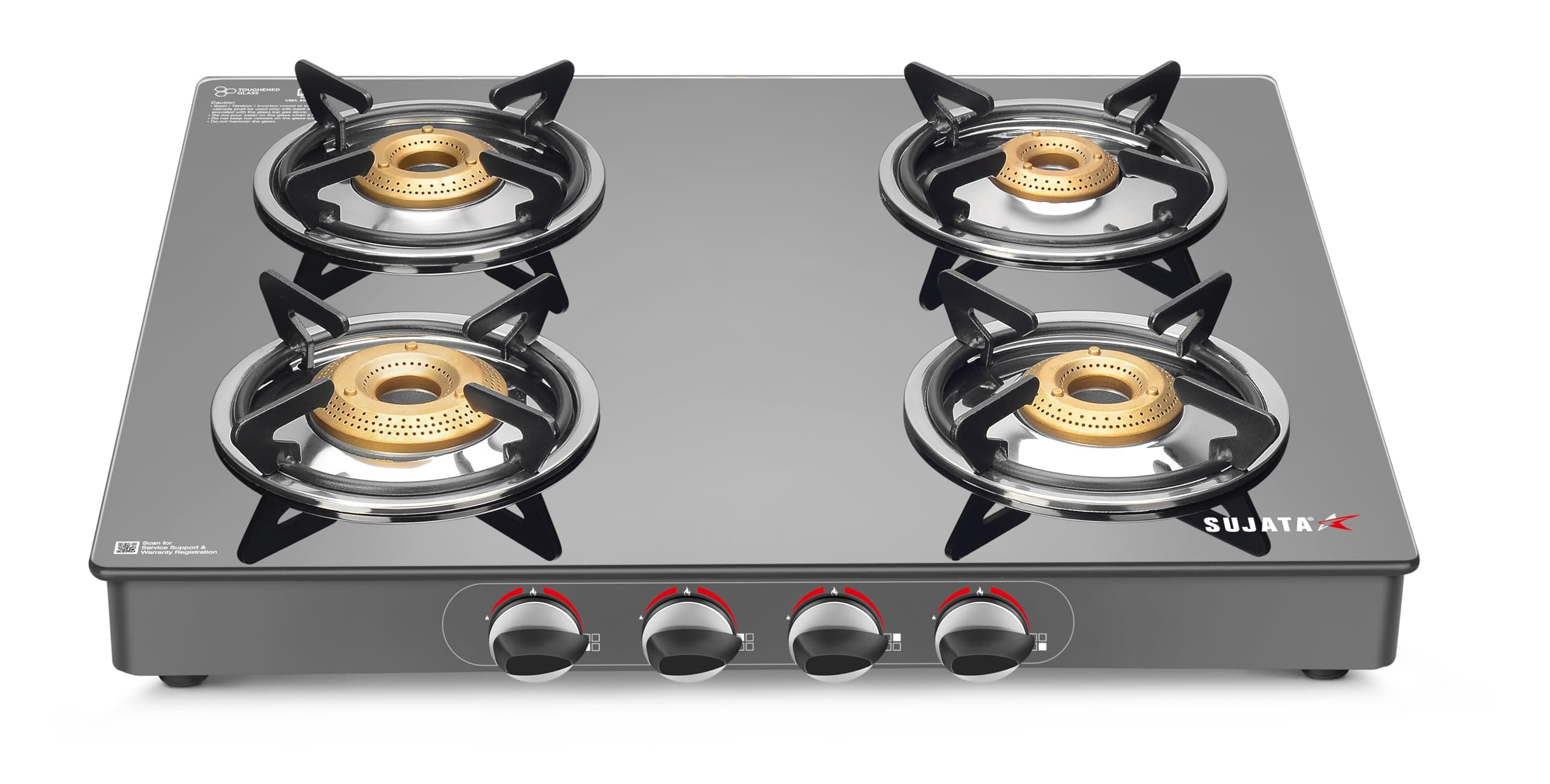 Sujata Standard Gas Stove 4 Burner| 9 Years Warranty | 4 Burner Gas Stove Glass Top, 4 Burner Stove, ISI Certified,SABAF Valve,LPG & PNG Compatible, 360° Rotating Nozzle, 8mm Toughened Glass (Black)