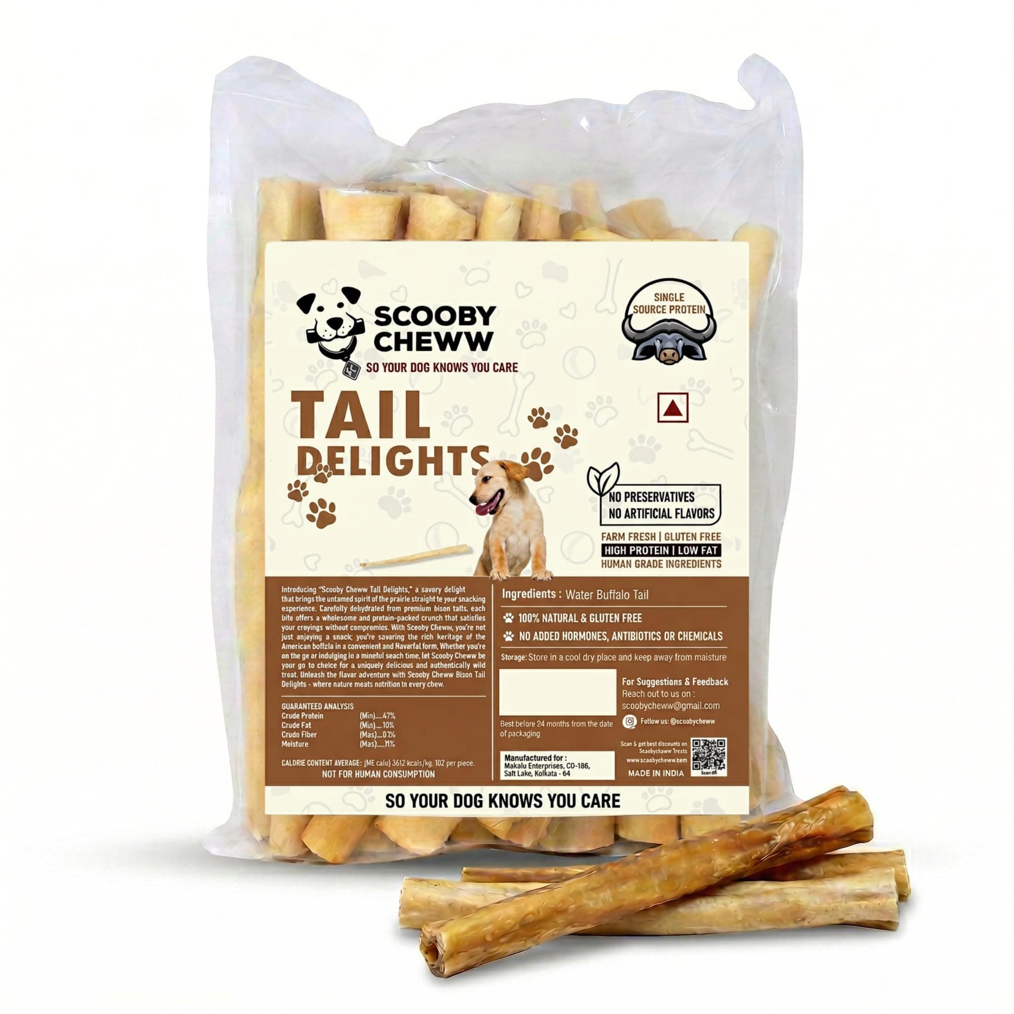 Scooby Cheww Bison Tail Dog Treat and Dog Food, High Protein, Low Fat, Natural & Rawhide Free Dog chew Stick for Small, Medium and Adult Dogs, (6 Thick Stick)