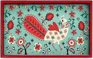 Chumbak Jaipur Gardens Kasuti Wooden Serving Tray | Teal Peacock Folk Art | Tea & Snack Tray for Home & Office | Housewarming Birthday Gift | Indian Ethnic Decor