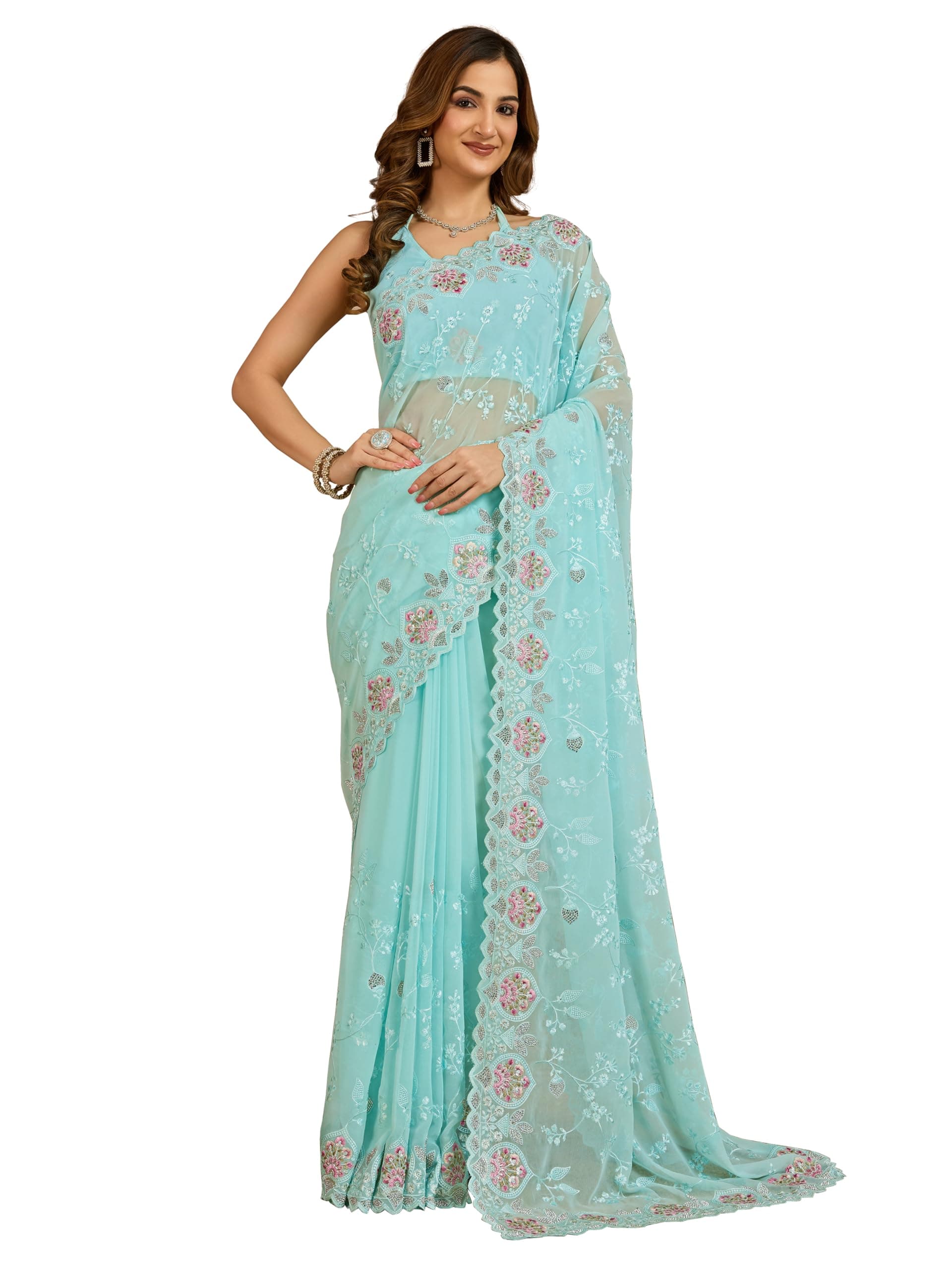TRENDMALLS Women's Georgette Embroidery Siroski Work Saree with Unstitched Blouse Piece