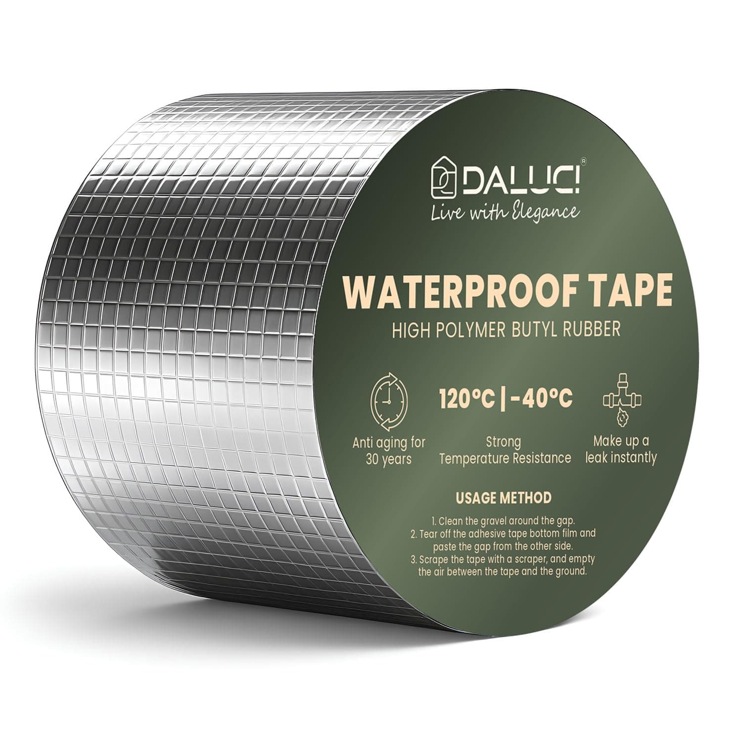 DALUCI Super Strong Waterproof Butyl Tape for Leakage Repair – Self Adhesive Heavy Duty Aluminum Foil Tape for Roof Waterproofing, Water Leakage, Pipe, Wall & Tank Sealing (Silver, 4 Inch (10CM*5M))
