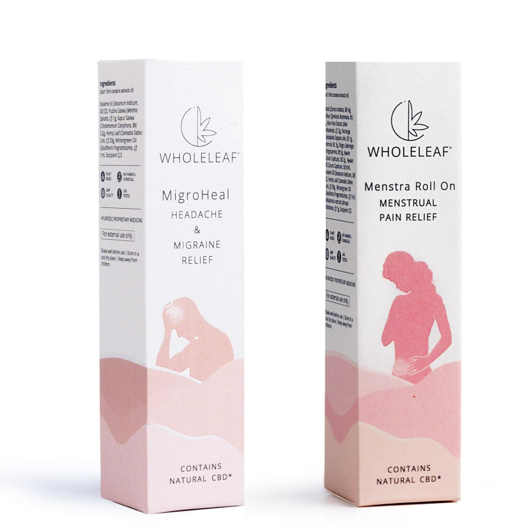 WholeLeaf Migroheal Relief Roll-On, For Headache & Migraine Relief, Natural Skin-Friendly Balm & & Menstra Roll-On Natural & Fast-Acting Relief for Cramps, Bloating & Abdominal Pain (10ml) (Pack of 2)