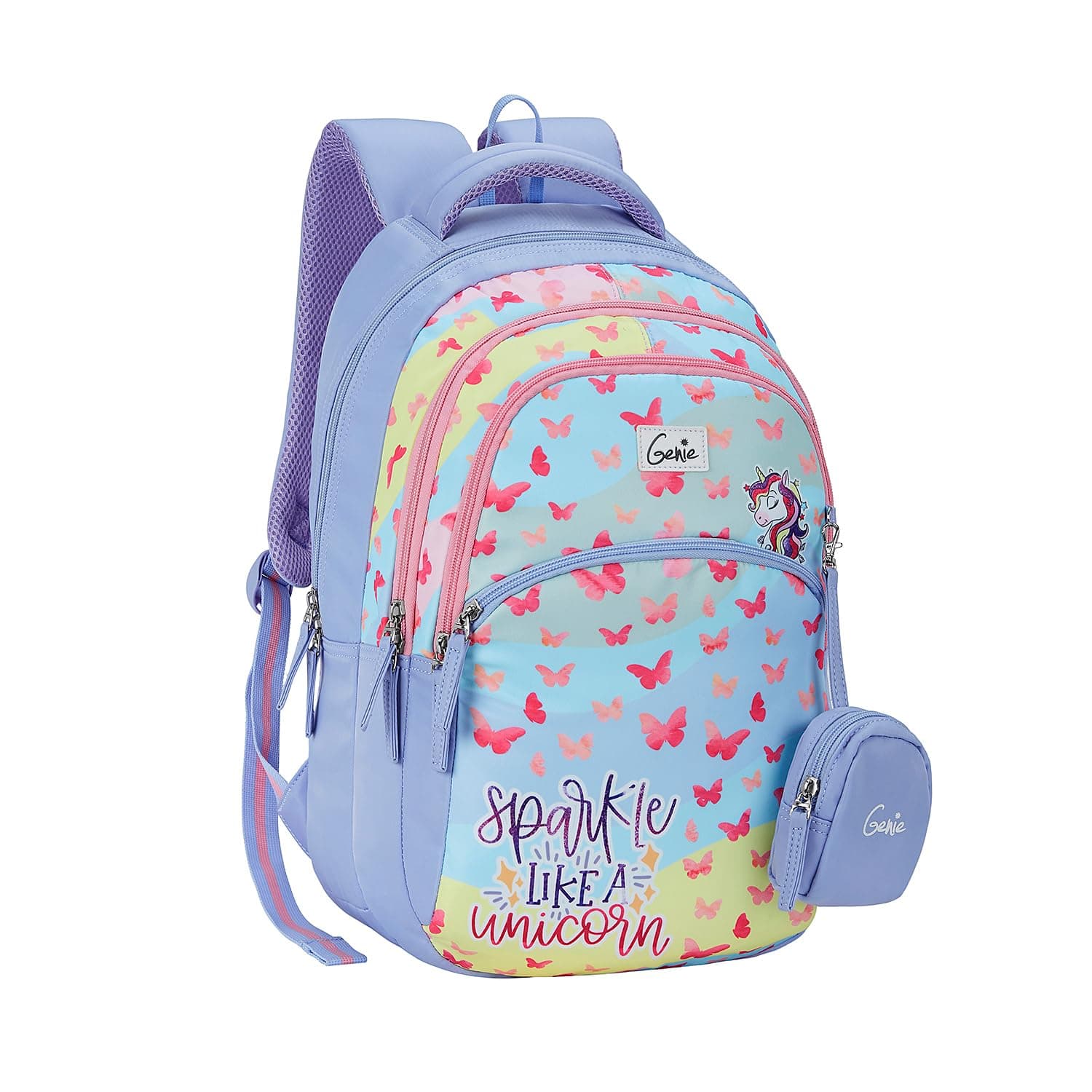 Genie Pixie School Backpack for Girls |17 In-27 Ltr with Three Compartments, Side Pockets and Light Weight with Padded Shoulders |Best for Books,Stationery, Lunch Box & Essentials - Lavendar