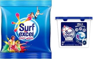 Surf Excel Easy Wash Detergent Powder, 5 Kg & 3 In 1 Smart Shots Unit Dose Liquid Detergent For Both Front Load & Top Load Washing Machines, 17 Units (Model Number: Senb100)