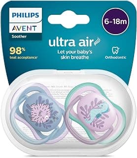 AVENT Philips Pacifier Ultra air | Lets Your Baby's Skin Breathe | Orthodontic & BPA Free | 2 Pack | 6-18m | SCF085/61 | Silicone