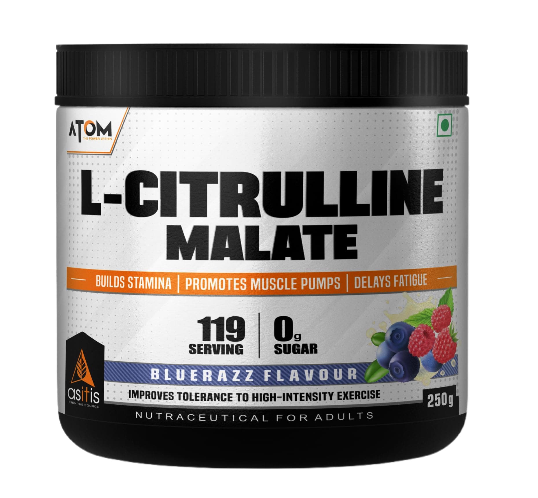AS-IT-IS ATOM L-Citrulline Malate Powder 2000mg, Boosts Nitric acid & Muscle recovery, Supports Endurance & Muscle Pump, Pre-Workout Supplement Men & Women, 250gm, 121 serves, Blue Razz