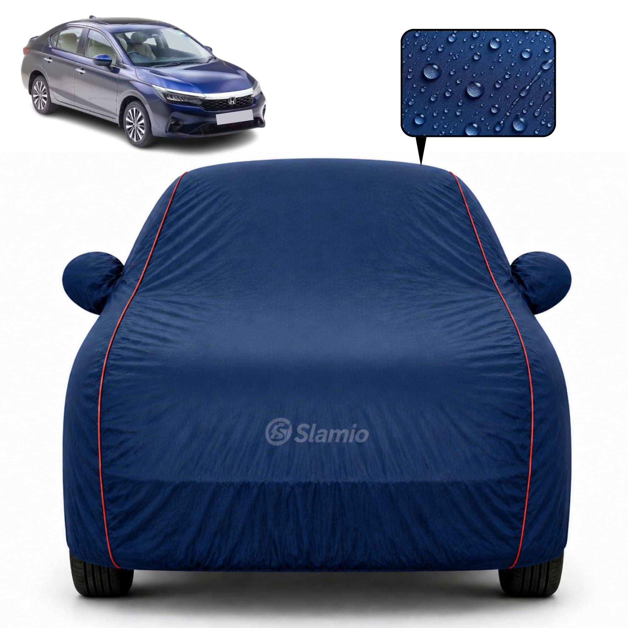 Slamio Premium 100% Waterproof Car Cover for Honda's City 2020-2026 Models All-Weather, UV & Dust Protection | Heavy-Duty 3-Layer Fabric | Custom Fit with Mirror & Antenna Pockets | Navy Blue