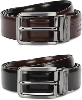 Louis Philippe Men's 100% Italian Leather Brush Gun Metal Buckle Formal Reversible Belt