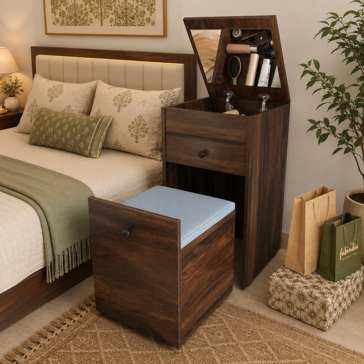 Studio Kook Beleza Dressing Table, Dresser Unit With Mirror, Seating And Storage, Matte Finish (Junglwood), Brown