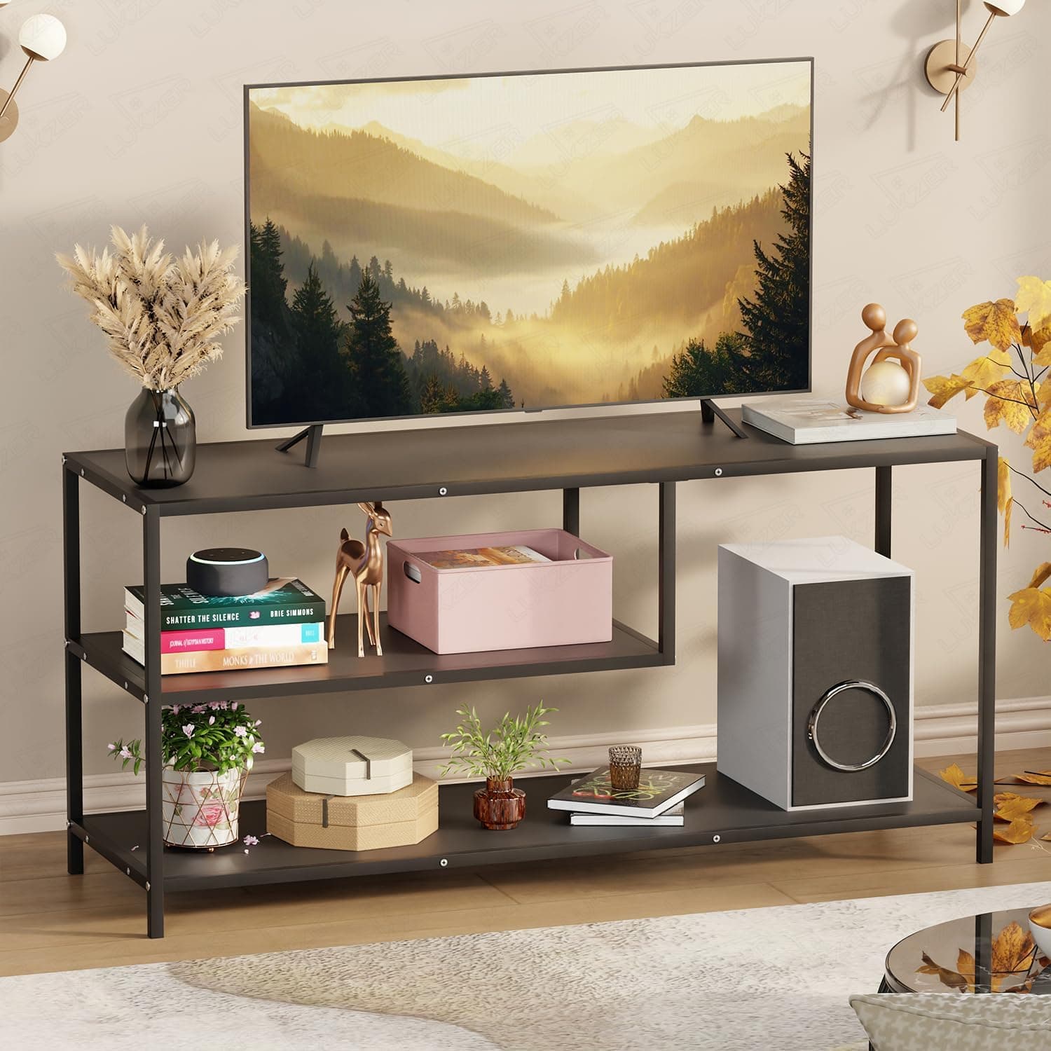 Lukzer Metal & Engineered Wood TV Unit Stand Ideal for TVs Up to 43 Inch | Open Shelves for WiFi Router, Set-Top Box, Speakers & Decor | Living Room Storage Rack Organizer | MTU-001/Black + Black