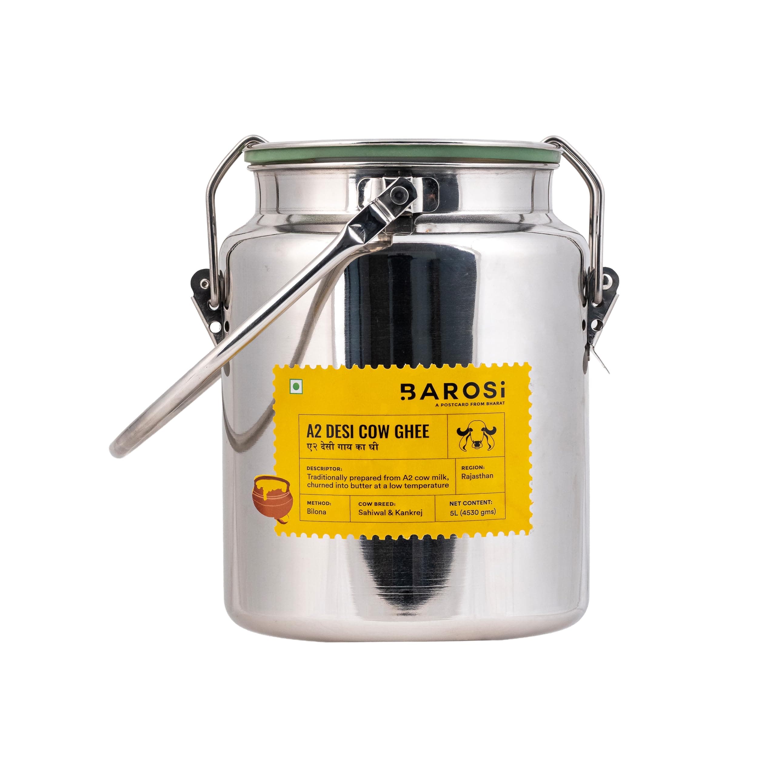 BAROSI A2 Desi Cow Ghee 5 Litre | Bulk Value Pack | Traditional Bilona Method | Curd Churned Danedar Ghee | Lab Tested | Gut Friendly | Grass-Fed Desi Cow | Stainless Steel 403 Grade Dolchi(5000ml)